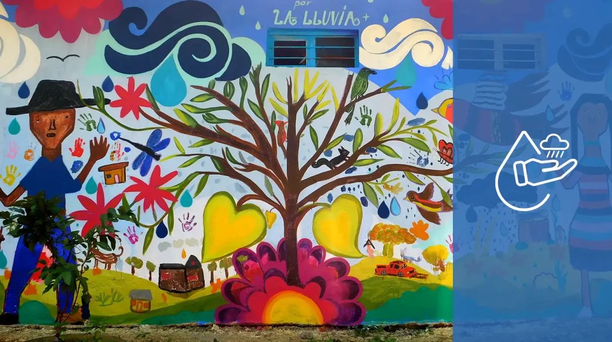 Running for water. Rain Mural made by the community in the Sierra Mazateca, Oaxaca, Mexico.